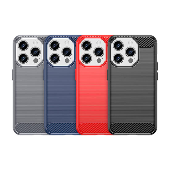 iPhone 15 Pro Max Hoesje, MobyDefend TPU Gelcase, Geborsteld Metaal + Carbonlook, Blauw