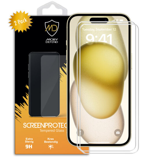 2-Pack iPhone 15 Screenprotectors - MobyDefend Case-Friendly Screensavers - Gehard Glas