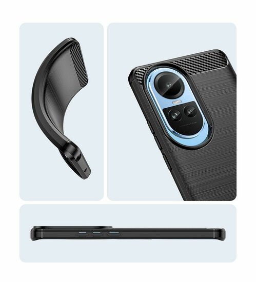 Oppo Reno10 Hoesje, MobyDefend TPU Gelcase, Geborsteld Metaal + Carbonlook, Zwart