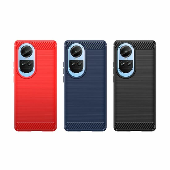 Oppo Reno10 Hoesje, MobyDefend TPU Gelcase, Geborsteld Metaal + Carbonlook, Zwart