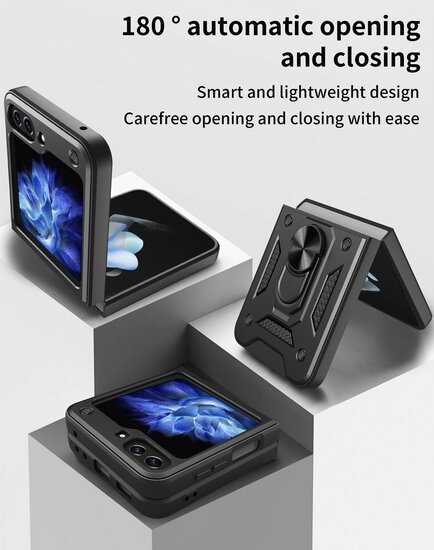 Samsung Galaxy Z Flip 5 Hoesje, MobyDefend Pantsercase Met Draaibare Ring, Zwart