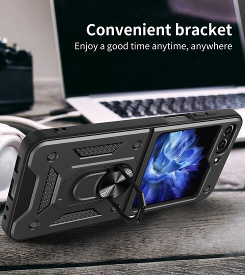 Samsung Galaxy Z Flip 5 Hoesje - MobyDefend Pantsercase Met Draaibare Ring - Blauw