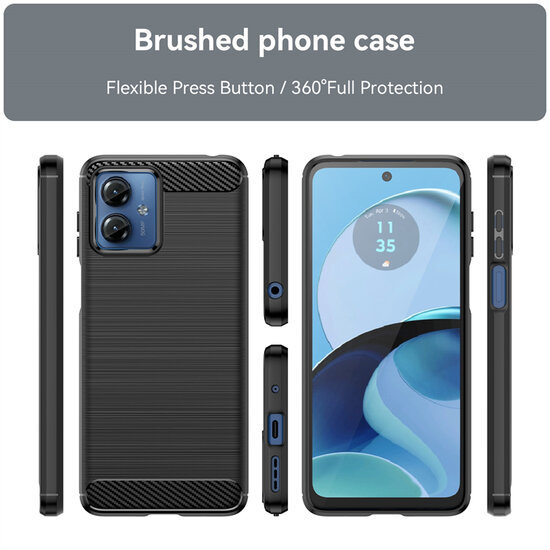 Motorola Moto G14 Hoesje, MobyDefend TPU Gelcase, Geborsteld Metaal + Carbonlook, Zwart