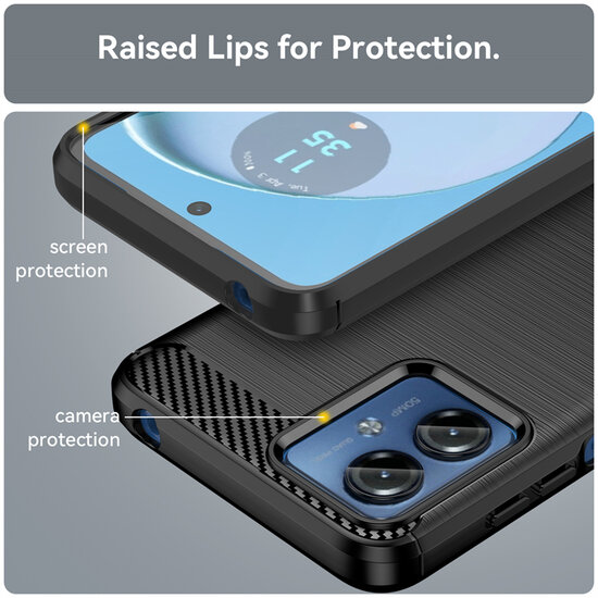 Motorola Moto G14 Hoesje, MobyDefend TPU Gelcase, Geborsteld Metaal + Carbonlook, Zwart