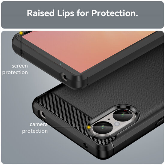 Sony Xperia 5 V Hoesje - MobyDefend TPU Backcover - Geborstelde Metaal &amp; Carbon-Look - Zwart