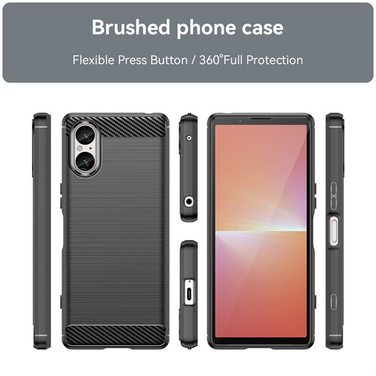 Sony Xperia 5 V Hoesje - MobyDefend TPU Backcover - Geborstelde Metaal &amp; Carbon-Look - Zwart