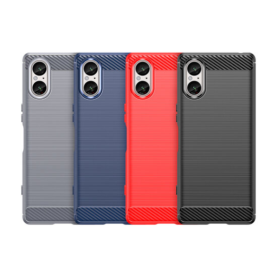 Sony Xperia 5 V Hoesje, MobyDefend TPU Gelcase, Geborsteld Metaal + Carbonlook, Zwart