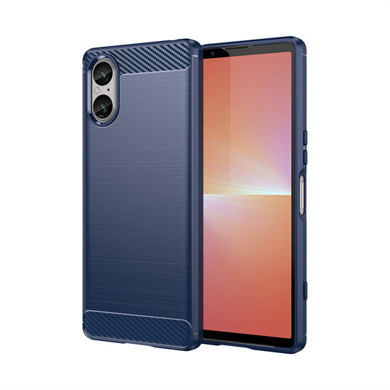 Sony Xperia 5 V Hoesje, MobyDefend TPU Gelcase, Geborsteld Metaal + Carbonlook, Blauw