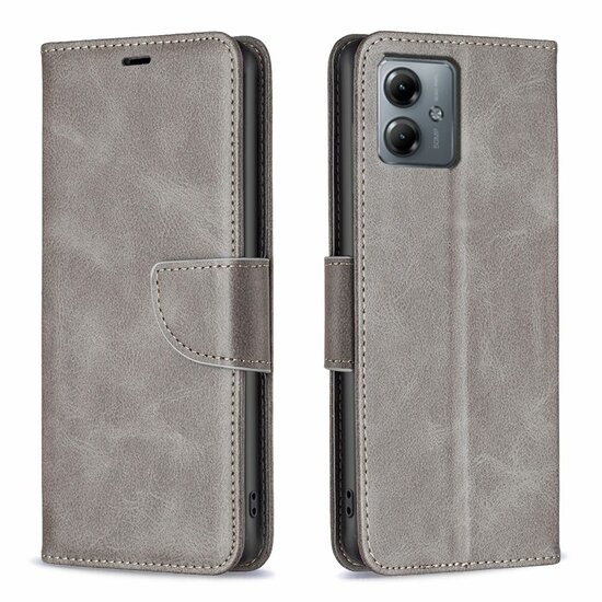 Motorola Moto G14 Hoesje, MobyDefend Wallet Book Case Met Koord, Grijs