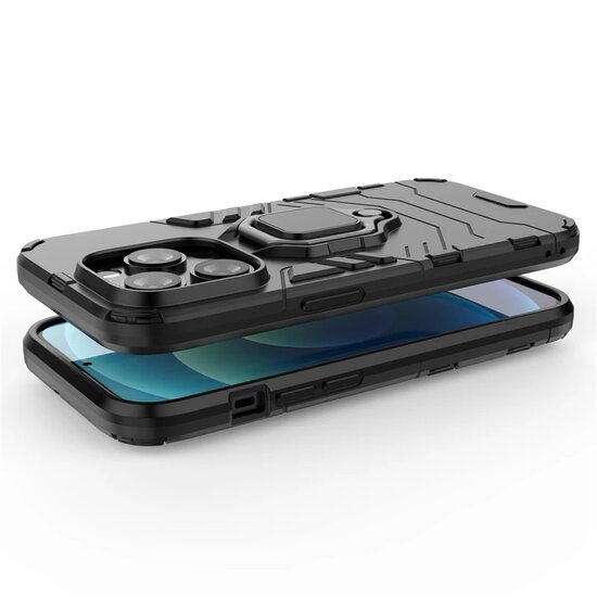 iPhone 15 Pro Hoesje, MobyDefend Dubbelgelaagde Pantsercase Met Standaard, Zwart
