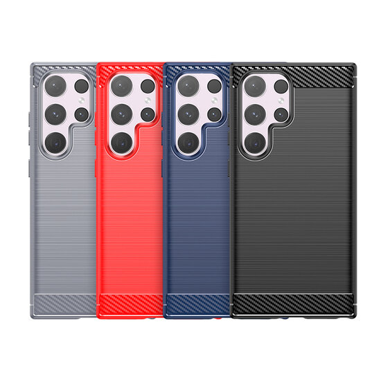Samsung Galaxy S24 Ultra Hoesje, MobyDefend TPU Gelcase, Geborsteld Metaal + Carbonlook, Zwart