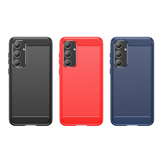 Samsung Galaxy A55 Hoesje, MobyDefend TPU Gelcase, Geborsteld Metaal + Carbonlook, Blauw