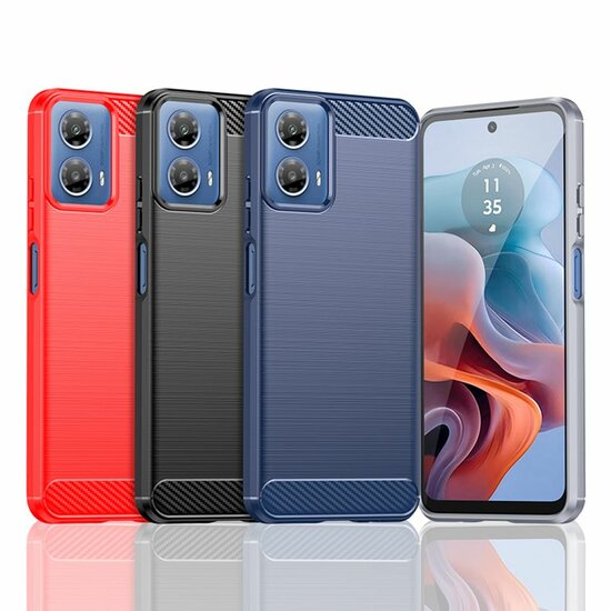 Motorola Moto G34 Hoesje, MobyDefend TPU Gelcase, Geborsteld Metaal + Carbonlook, Zwart