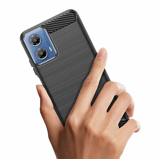 Motorola Moto G34 Hoesje, MobyDefend TPU Gelcase, Geborsteld Metaal + Carbonlook, Zwart