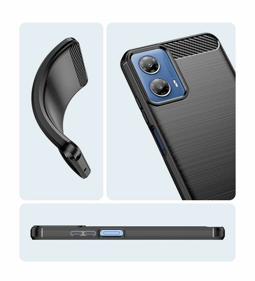 Motorola Moto G34 Hoesje, MobyDefend TPU Gelcase, Geborsteld Metaal + Carbonlook, Zwart