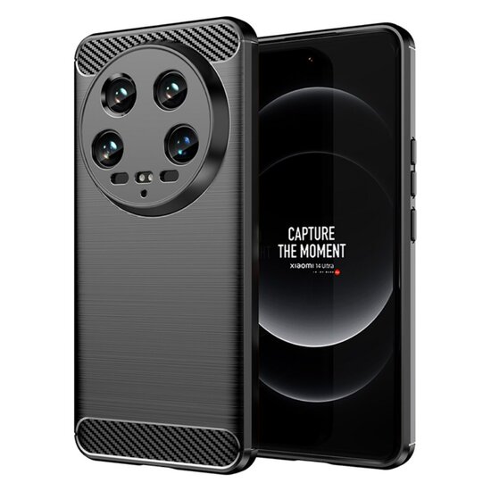 Xiaomi 14 Ultra Hoesje - MobyDefend TPU Backcover - Geborstelde Metaal &amp; Carbon-Look - Zwart
