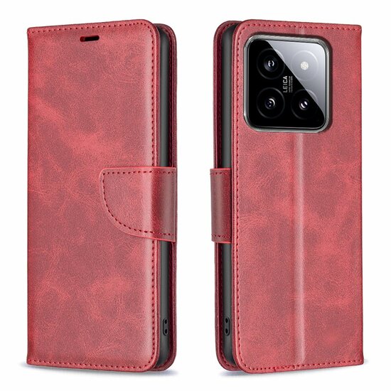 Xiaomi 14 Hoesje, MobyDefend Wallet Book Case Met Koord, Rood