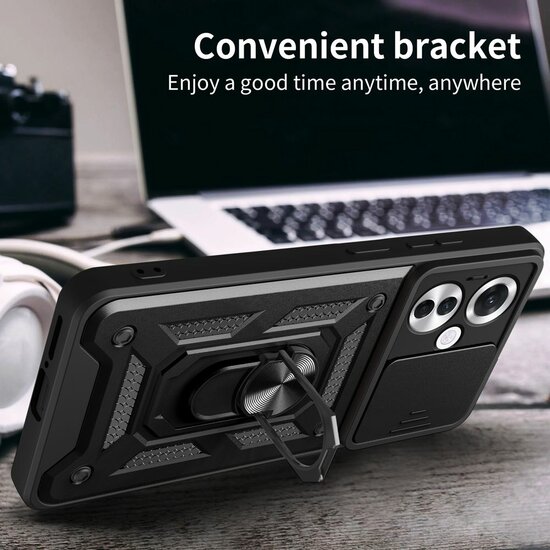 Oppo Reno 11F Hoesje - MobyDefend Pantsercase Met Draaibare Ring - Zwart