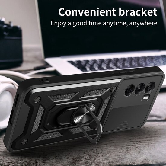 Oppo Reno12 Pro Hoesje - MobyDefend Pantsercase Met Draaibare Ring - Goud