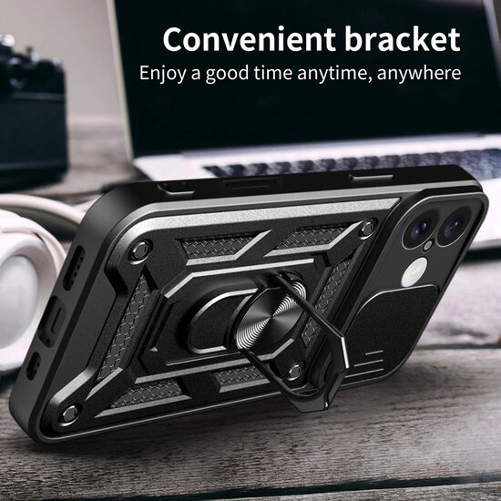iPhone 16 Hoesje - MobyDefend Pantsercase Met Draaibare Ring - Zwart