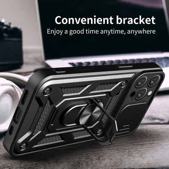 iPhone 16 Pro Max Hoesje - MobyDefend Pantsercase Met Draaibare Ring - Zwart