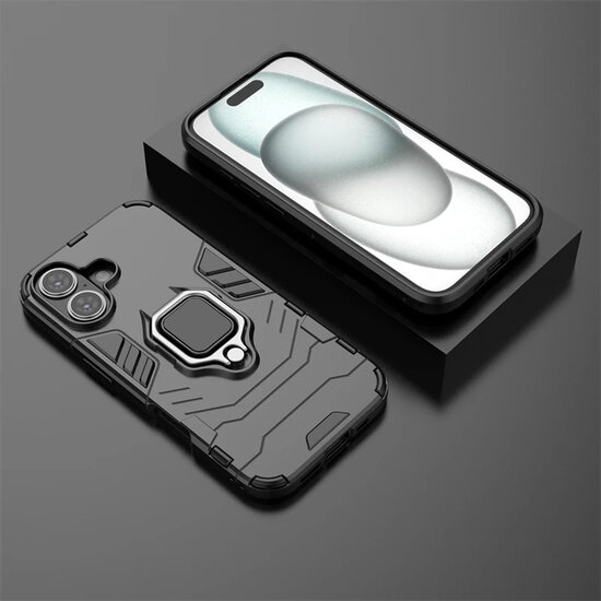 iPhone 16 Hoesje - MobyDefend Dubbelgelaagde Pantsercase Met Standaard - Zwart