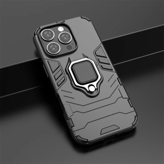 iPhone 16 Pro Hoesje - MobyDefend Dubbelgelaagde Pantsercase Met Standaard - Zwart