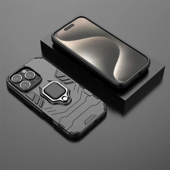 iPhone 16 Pro Hoesje - MobyDefend Dubbelgelaagde Pantsercase Met Standaard - Zwart