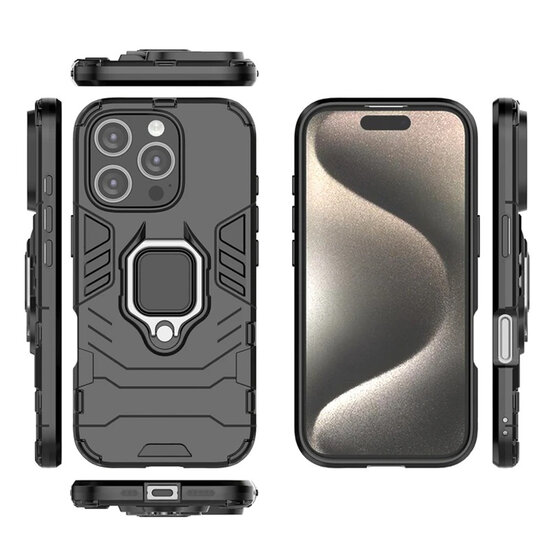 iPhone 16 Pro Hoesje - MobyDefend Dubbelgelaagde Pantsercase Met Standaard - Zwart