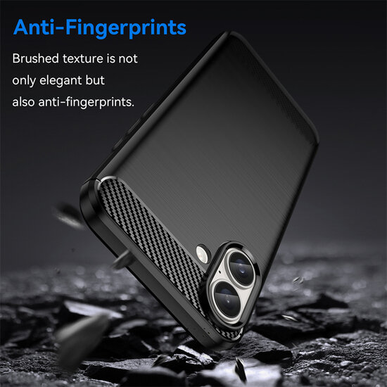 iPhone 16 Plus Hoesje - MobyDefend TPU Backcover - Geborstelde Metaal &amp; Carbon-Look - Zwart