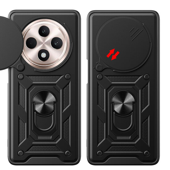 Oppo Reno12 F Hoesje - MobyDefend Pantsercase Met Draaibare Ring - Zwart