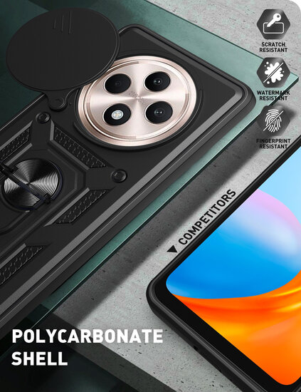 Oppo Reno12 F Hoesje - MobyDefend Pantsercase Met Draaibare Ring - Zwart