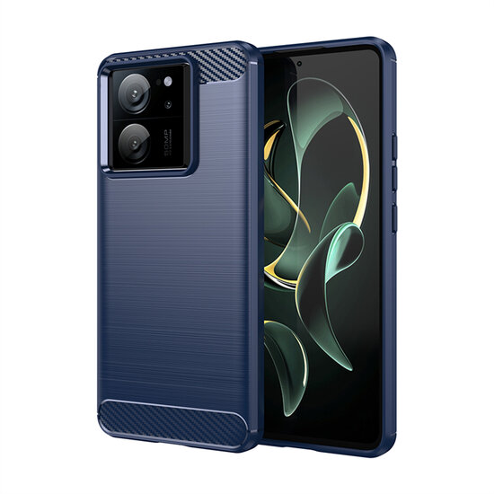 Xiaomi 13T / 13T Pro Hoesje - MobyDefend TPU Backcover - Geborstelde Metaal &amp; Carbon-Look - Blauw