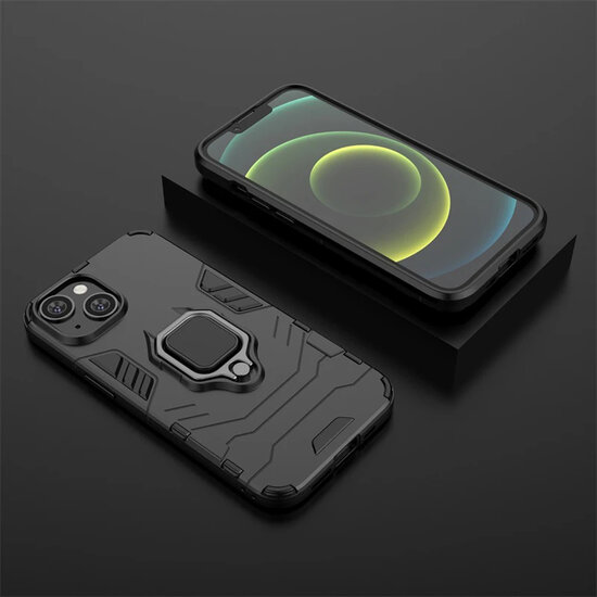 iPhone 15 Hoesje - MobyDefend Dubbelgelaagde Pantsercase Met Standaard - Blauw
