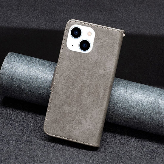 iPhone 15 Hoesje - MobyDefend Wallet Book Case Met Koord - Grijs