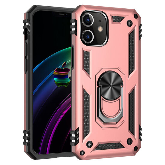iPhone 12 / 12 Pro Hoesje - MobyDefend Pantsercase Met Draaibare Ring - Roze