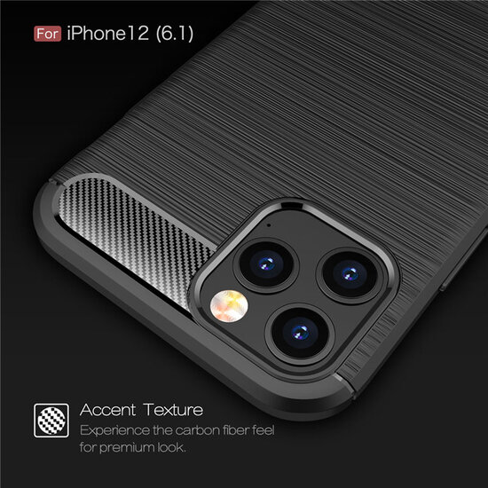 iPhone 12 / 12 Pro Hoesje - MobyDefend TPU Backcover - Geborstelde Metaal &amp; Carbon-Look - Zwart