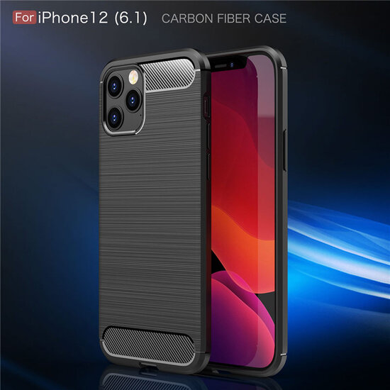 iPhone 12 / 12 Pro Hoesje - MobyDefend TPU Backcover - Geborstelde Metaal &amp; Carbon-Look - Zwart