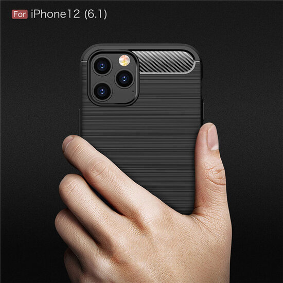 iPhone 12 / 12 Pro Hoesje - MobyDefend TPU Backcover - Geborstelde Metaal &amp; Carbon-Look - Zwart