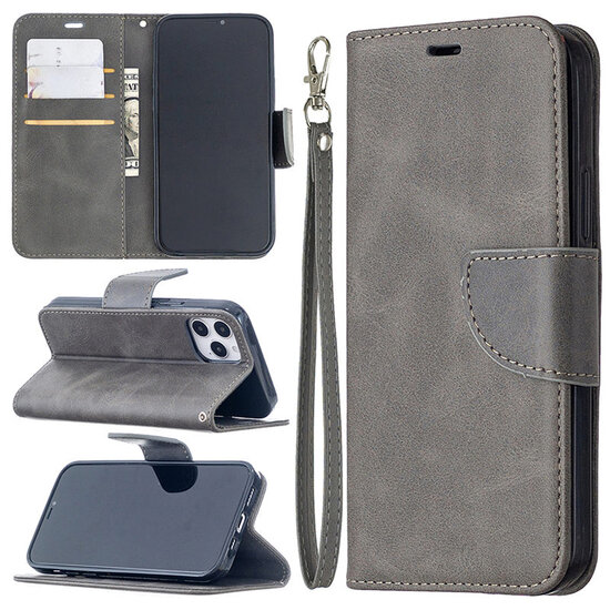 iPhone 12 / iPhone 12 Pro Hoesje - MobyDefend Wallet Book Case Met Koord - Grijs
