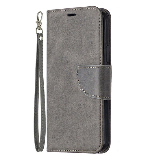 iPhone 12 / iPhone 12 Pro Hoesje - MobyDefend Wallet Book Case Met Koord - Grijs