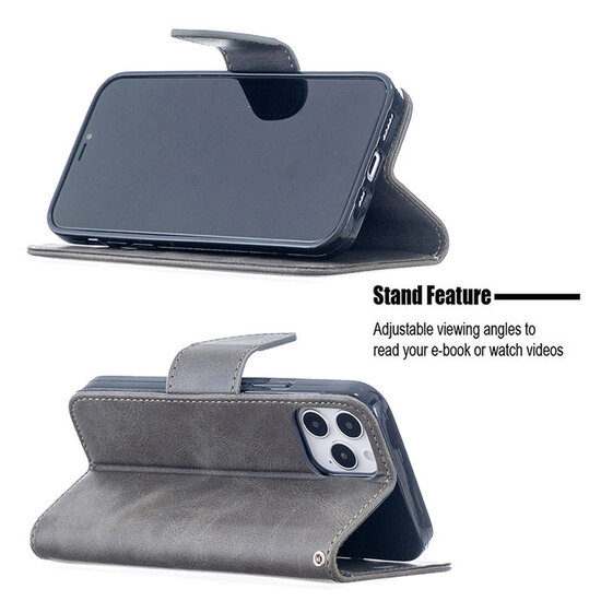 iPhone 12 / iPhone 12 Pro Hoesje - MobyDefend Wallet Book Case Met Koord - Grijs