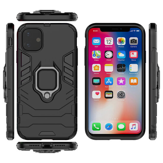 Apple iPhone 12 / iPhone 12 Pro Hoesje - MobyDefend Dubbelgelaagde Pantsercase Met Standaard - Zwart