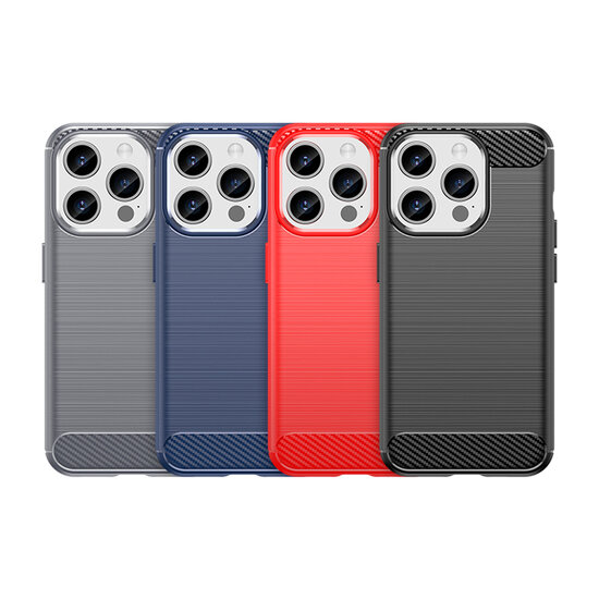iPhone 15 Pro Hoesje - MobyDefend TPU Backcover - Geborstelde Metaal &amp; Carbon-Look - Zwart