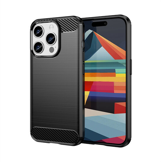 iPhone 15 Pro Hoesje - MobyDefend TPU Backcover - Geborstelde Metaal &amp; Carbon-Look - Zwart