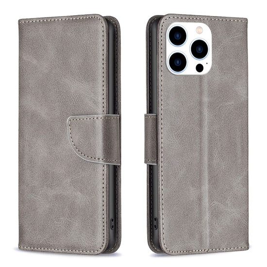 iPhone 15 Pro Hoesje - MobyDefend Wallet Book Case Met Koord - Grijs