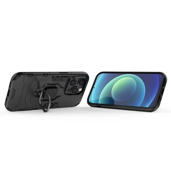 iPhone 15 Pro Hoesje - MobyDefend Dubbelgelaagde Pantsercase Met Standaard - Zwart