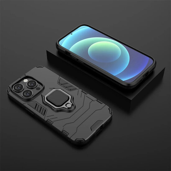 iPhone 15 Pro Hoesje - MobyDefend Dubbelgelaagde Pantsercase Met Standaard - Zwart