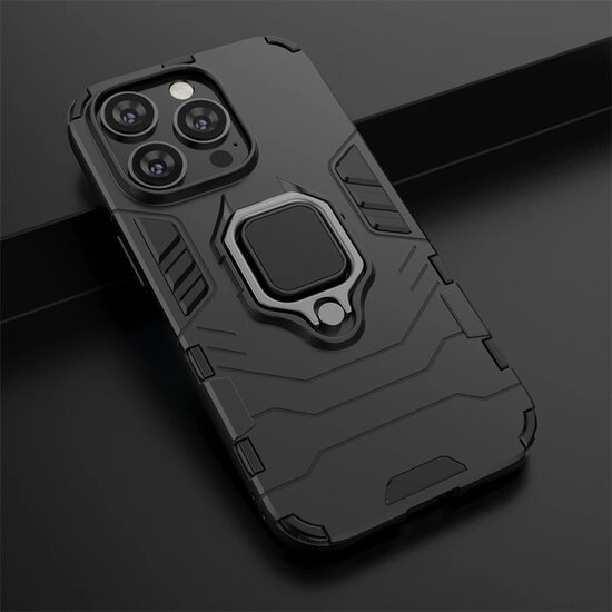iPhone 15 Pro Hoesje - MobyDefend Dubbelgelaagde Pantsercase Met Standaard - Zwart