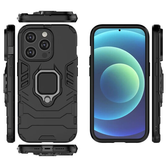 iPhone 15 Pro Hoesje - MobyDefend Dubbelgelaagde Pantsercase Met Standaard - Zwart